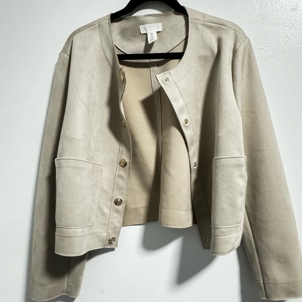 H&M Light Beige Faux Suede Jacket Blazer Size L Neutral Layering - Picture 1 of 8